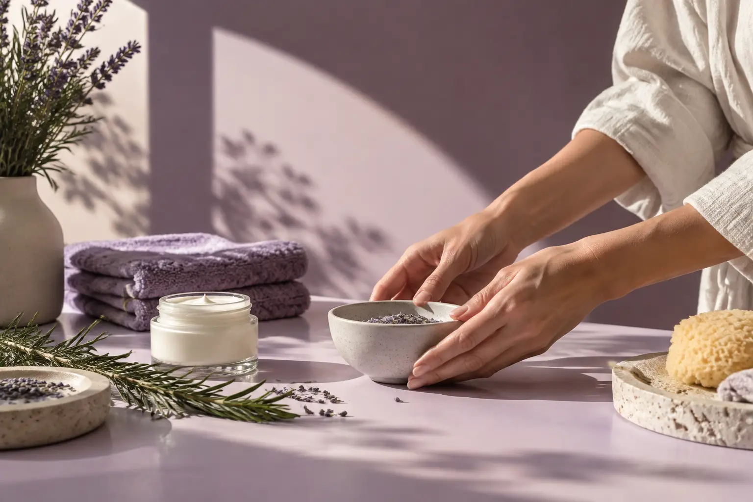 Dettaglio luminoso di mani che preparano un rituale cosmetico, immagine generata